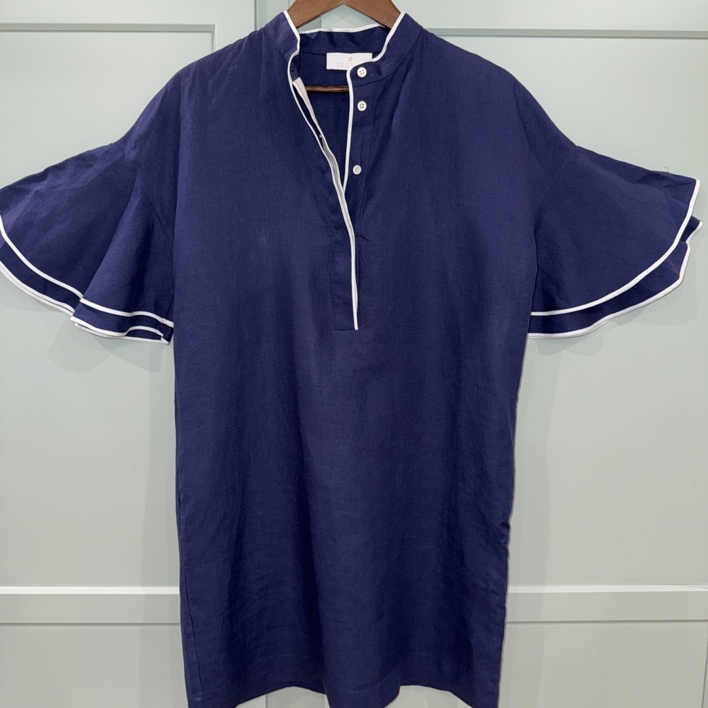 Socapri Women's Italian Flax Linen Navy White Dress Flutter Sleeve Pockets 42 -6